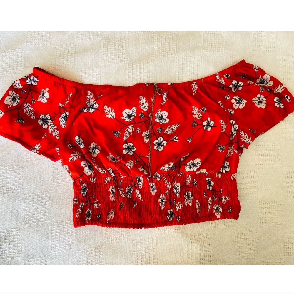 Red Off-the-Shoulder Crop Top with Front Zipper